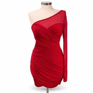 Red One Shoulder Ruched Bodycon Dress Sheer Sleeve Cocktail Party NWT Size M